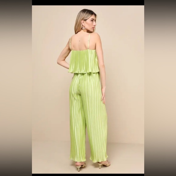 Lulus fun flirt lime green satin plisse sleeveless jumpsuit - Picture 2 of 5
